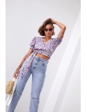 Short envelope blouse with flowers and a belt, purple and cream 02041 - Online store - Boutique